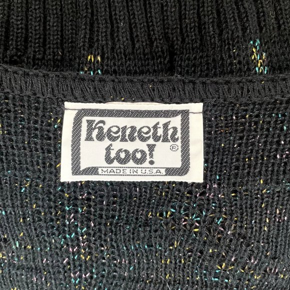 VINTAGE KENETH TOO KNIT SHORT SLEEVE SWEATER TOP, MULTI-COLOR METALLIC V-NECK - Picture 7 of 7